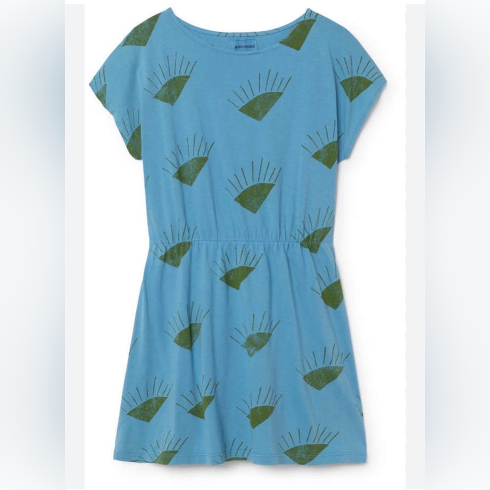 Bobo Choses Classic Blue Dress with Shining Green Sun Diamonds Pattern 4-5 Y